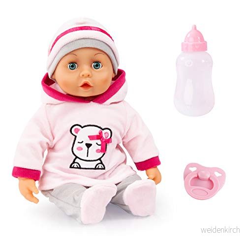 Bayer Design 93824BR First Words Baby babydocka, mjuk kropp, pratar, napp, flaska 4003336409802