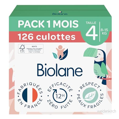 BIOLANE Trosor blöjor storlek 4 (815 kg) noll läckage i 12 timmar förpackning 1 månad 126 blöjbyxor tillverkad Frankrike 3286010079534