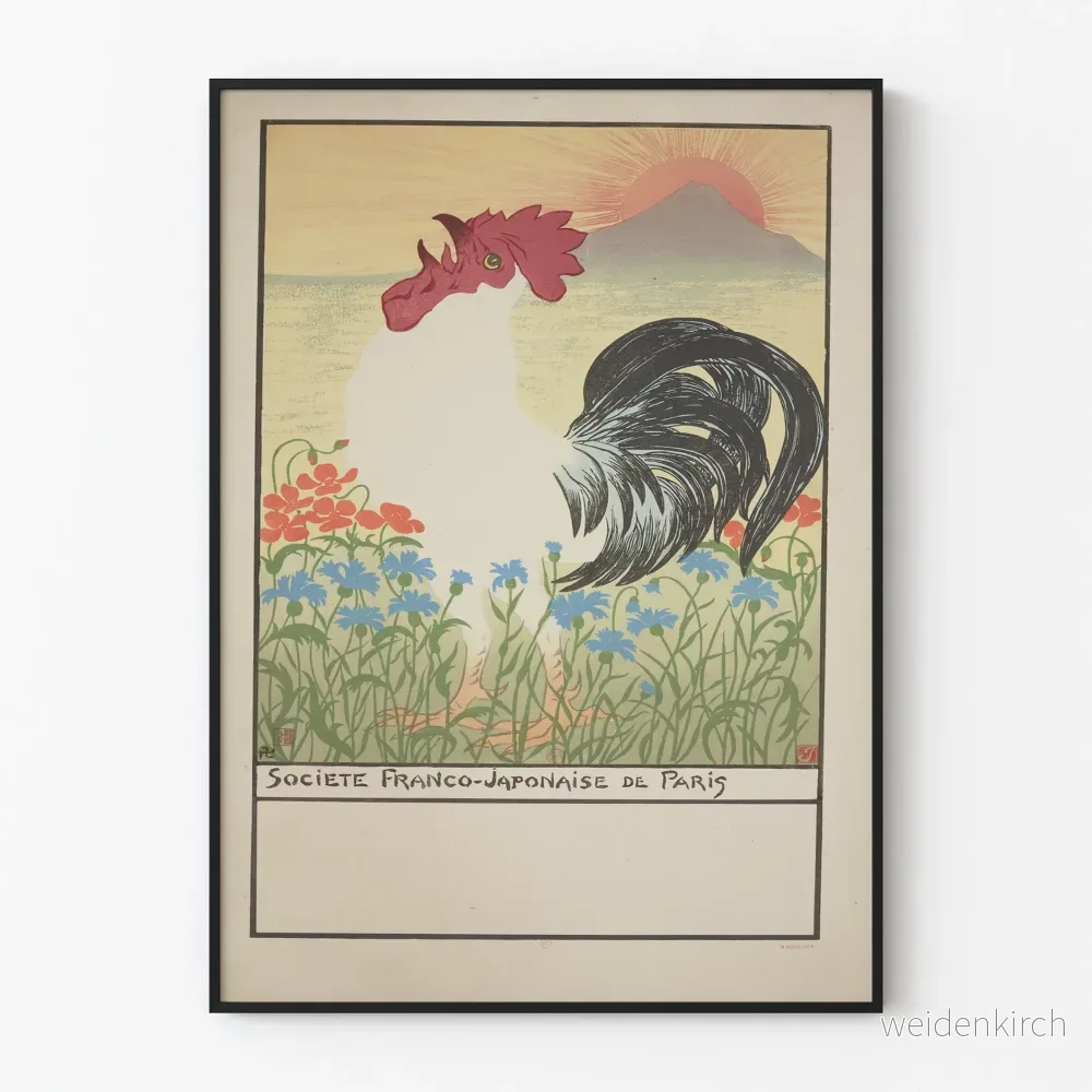 Dekorativ poster av Fransk-Japanska Sällskapet i Paris, tupp och Mount Fuji