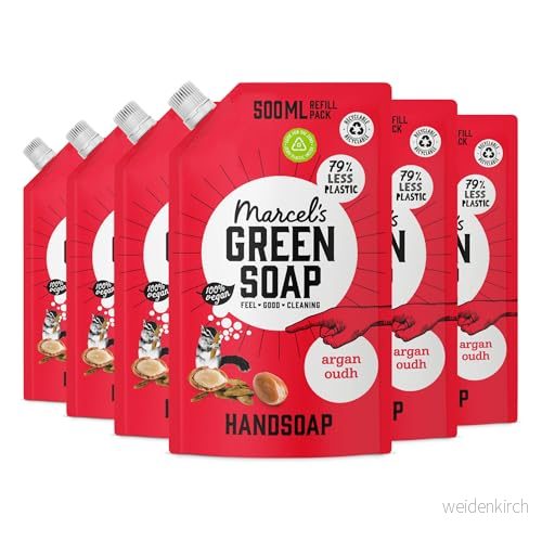 Marcel's Green Soap Handtvål påfyllningspaket Argan & Oudh Dispenser för flytande tvål 100% miljövänlig vegansk 97% biologiskt nedbrytbar 6 pack 500 ml 8720254337302
