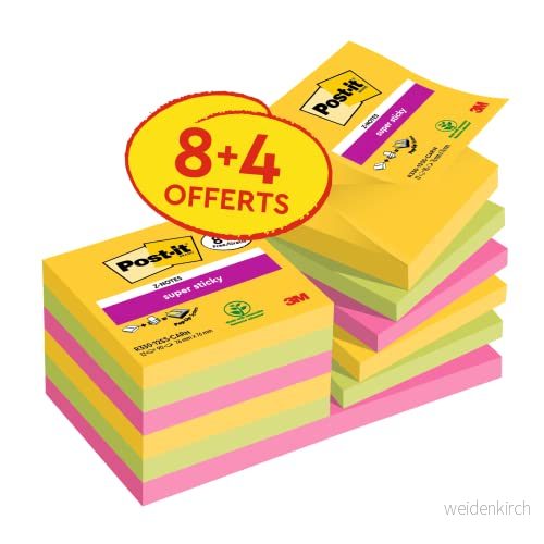 Post it Superklibbiga Z anteckningar, karneval färgkollektion, 76 mm x mm, 90 ark/dyna, 8 + 4 gratis dynor/förpackning 4064035065591