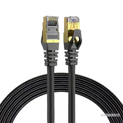 Elfcam® 12 meter Ethernet kabel katt 7 rund, LAN med förgylld RJ45 kontakt, nätverkskabel 100% koppar styv installationskabel, SFTP, 28 AWG, svart, m 3701528703462