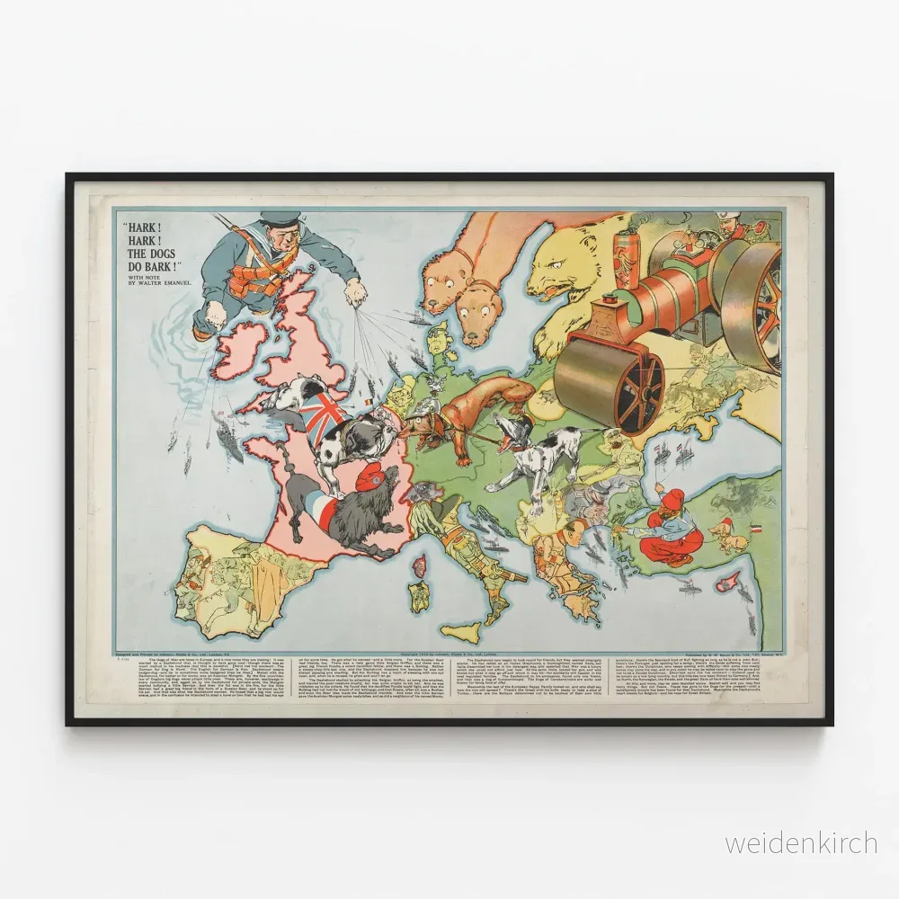 Affisch Karta Karikatyrbild Europa Hundar Krig 1914