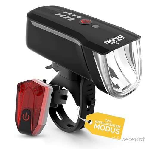 DANSI LED cykelljusset StVZO godkänd cykellampa med 60, 30 och 15 lux USB C uppladdningsbar VLED fram + bak automatisk ljusjustering verktygsfri montering Regnsäker 4260629695278