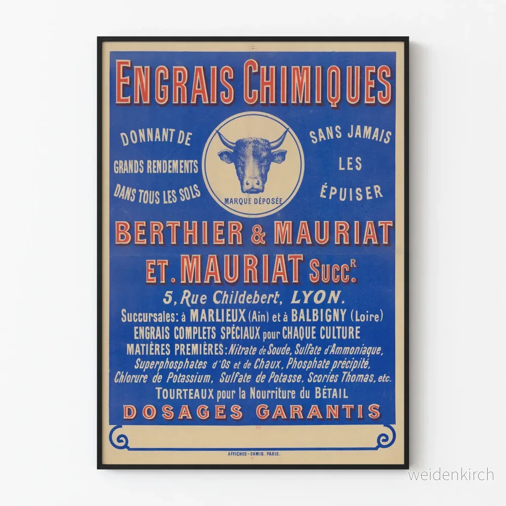 Vintageposter för kemiska gödningsmedel Berthier & Mauriat Lyon