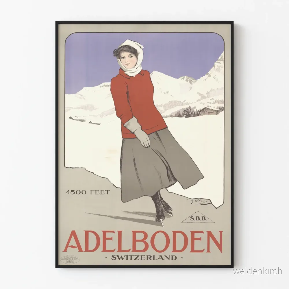 Vintageaffisch Adlerboden Schweiz - Isdansare i bergsmiljö