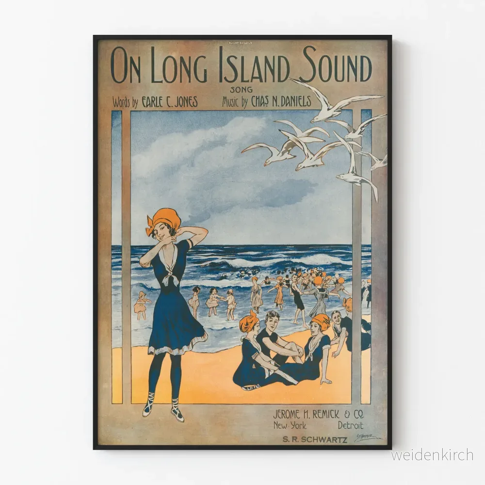 Vintageposter av On Long Island Sound-stranden och badet