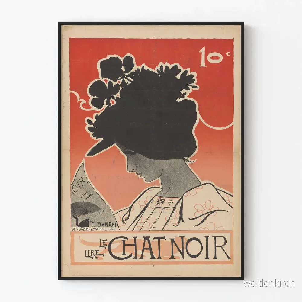 Vintageposter Le Chat Noir silhuett med kvinnlig figur och blomsterhatt
