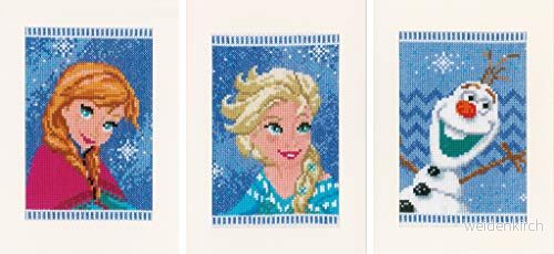 Vervaco Räknat korsstygnsset: Gratulationskort: Frozen Elsa, Olaf & Anna (set med 3), bomull, blandat, 9 x 1 7 cm 5413480617142