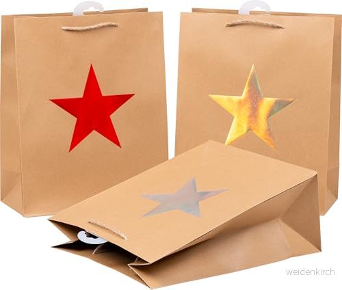 25 XL presentpåsar av papper med stjärnmotiv, 3 färger (10 x röd, 8 guld, 7 silver) 4018164223353