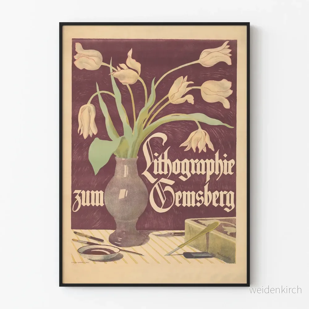 Vintageposter Lithografi Zum Gemsberg med tulpanbukett