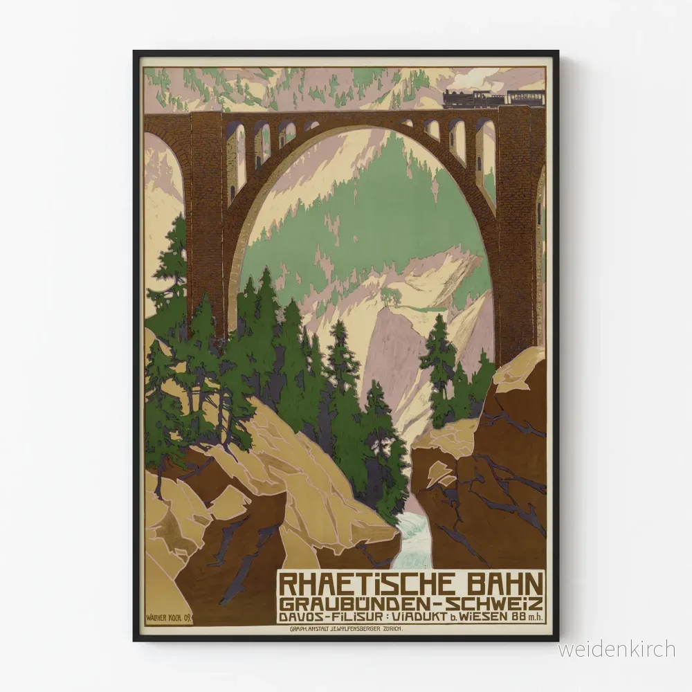 Vintageaffisch av Rhätische Bahn järnvägsviadukt i Schweiz