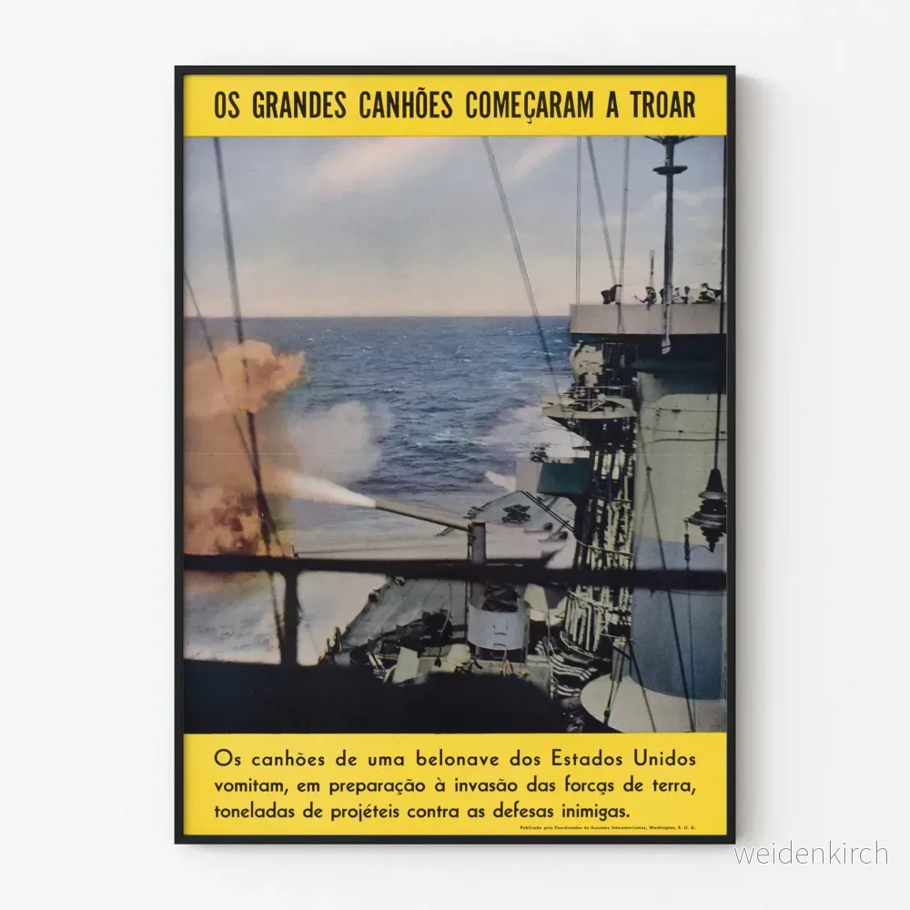 Vintage militärposter med amerikansk kanontömning till sjöss