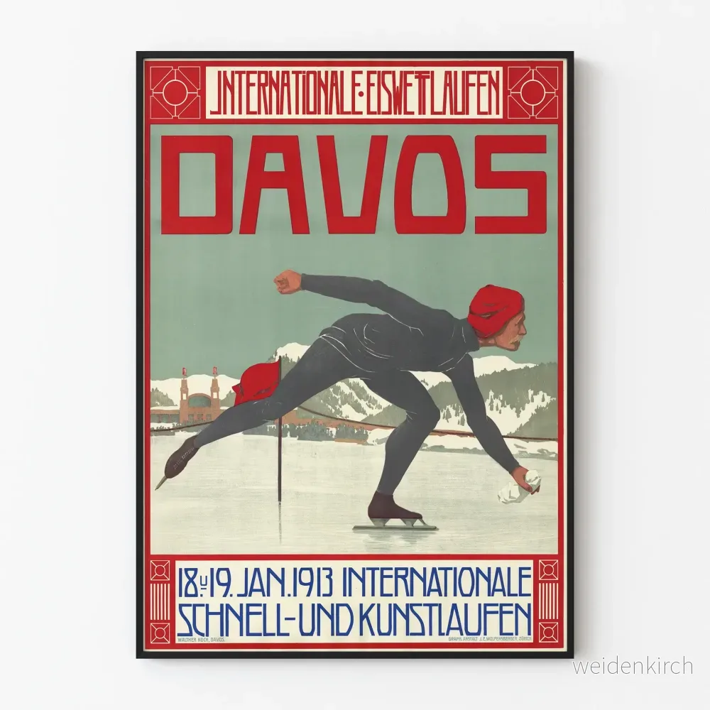 Vintageposter Davos Internationella Skridskoåkning 1913