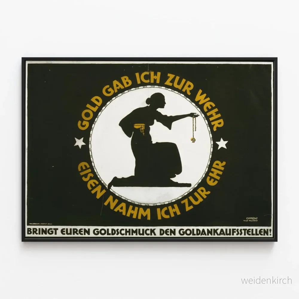 Tysk vintage dekorativ poster med feminin silhuett och gyllene text