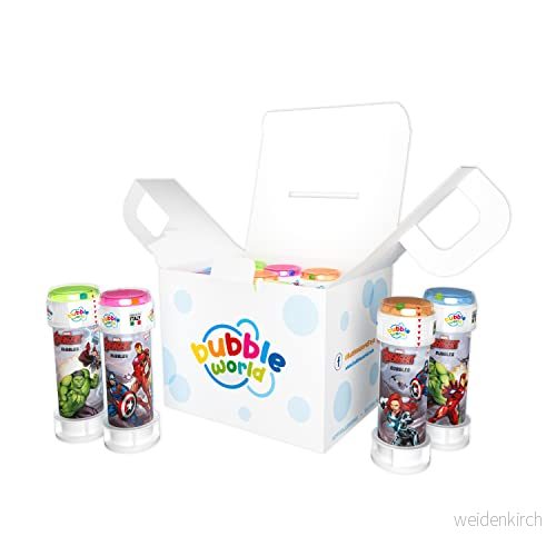 Bubble World Avengers Party Pack 12 stycken bubbelrör 60 ml enfärgade rör och inbyggd fläkt perfekt för födelsedagsfester Tillverkad i Italien 8007315846509
